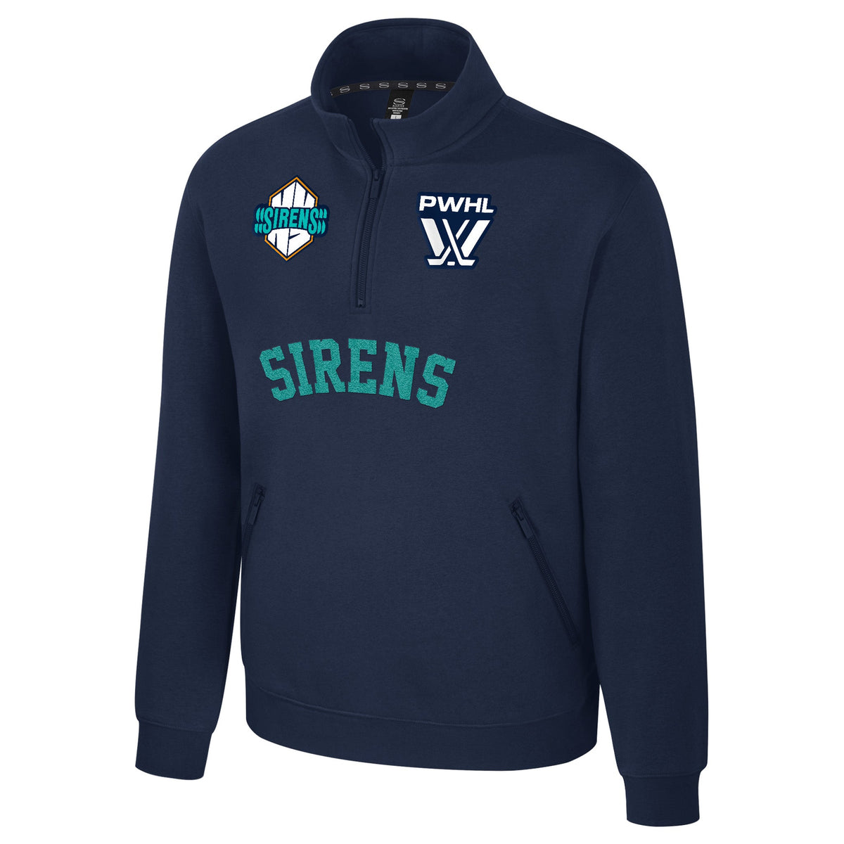 The front of a navy-blue fleece quarter zip with an embroidered white PWHL logo on the left chest and a New York Sirens logo on the right chest. Below the zipper is a teal embroidered 'SIRENS'.