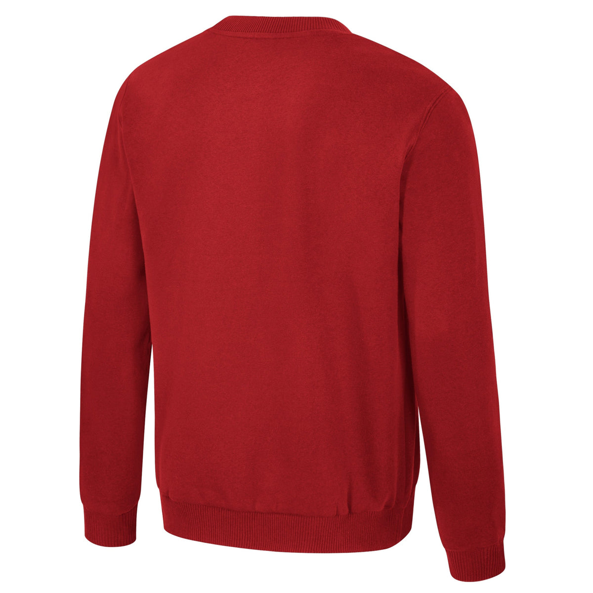 The back of a red crew neck Ottawa Charge crew neck sweatshirt. The collar, cuffs, and bottom have ribbed detailing.