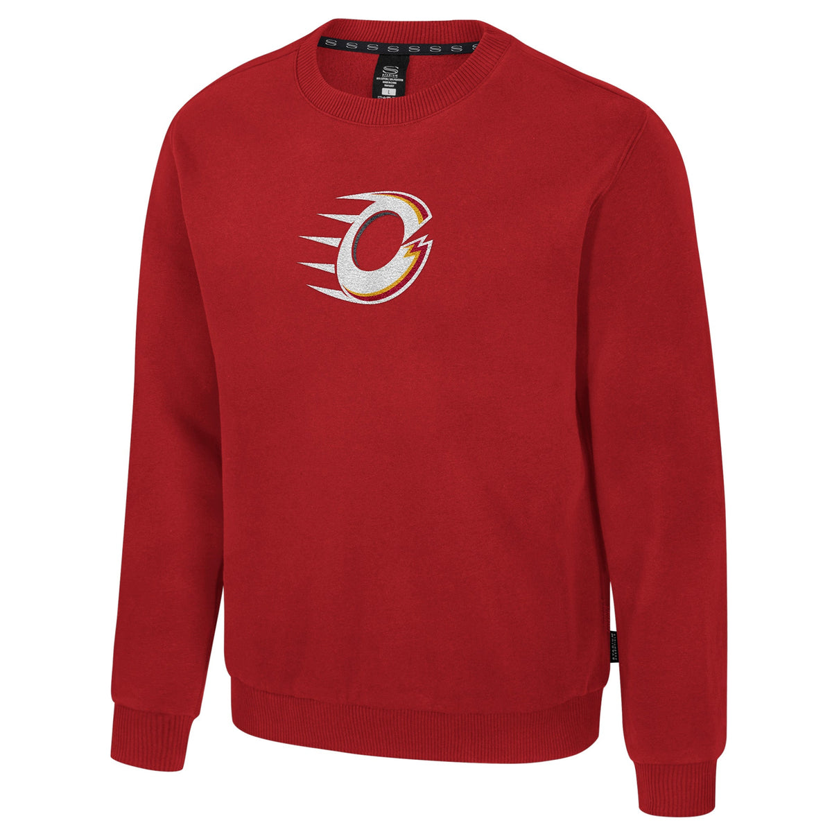 The front of a red crew neck sweatshirt with ribbed collar, cuffs and bottom band. The Ottawa Charge logo is embroidered in the center of the chest.