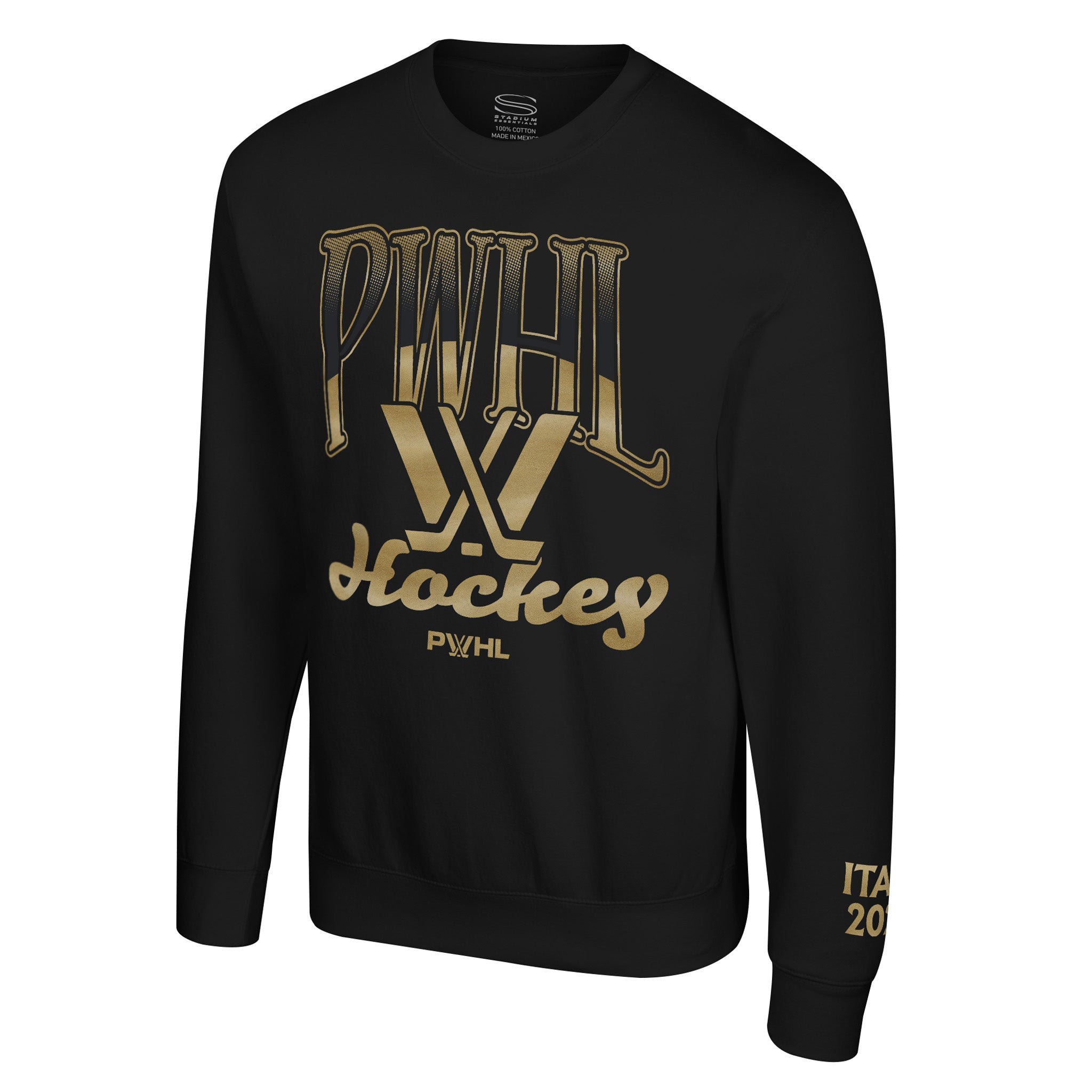 Black sweatshirt with gold text and branding on a white background