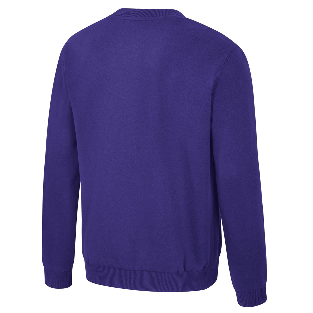 The back of a purple crew neck PWHL crew neck sweatshirt. The collar, cuffs, and bottom have ribbed detailing.