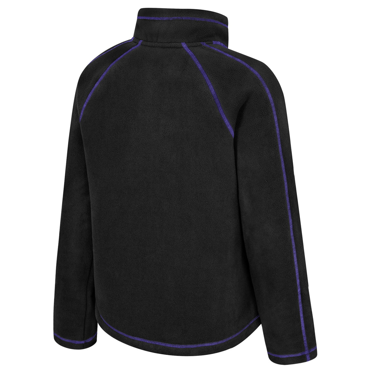 The front of a black full-zip PWHL fleece jacket with purple stitched seams along the arms, shoulders, and collar.