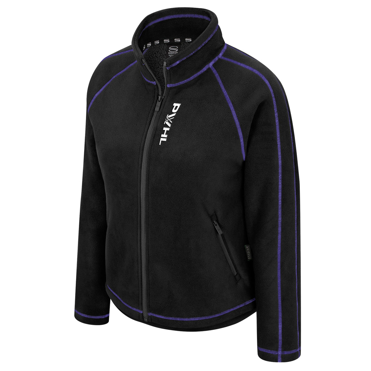 The front of a black full-zip fleece jacket with purple stitched seams along the arms, shoulders, and collar. The PWHL logo is printed in white as the 'W' in 'PWHL' silicone printed along the zipper in the right chest.