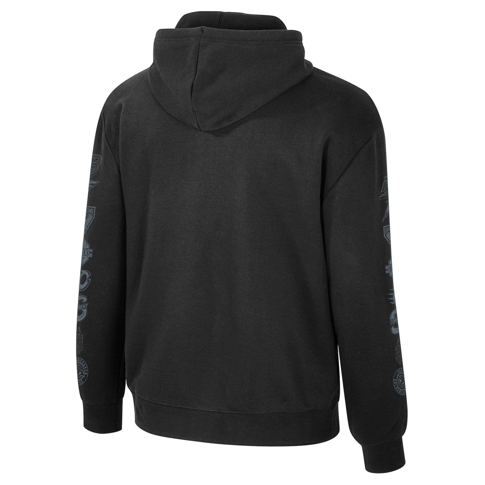 Black hoodie with branding on sleeves against a white background