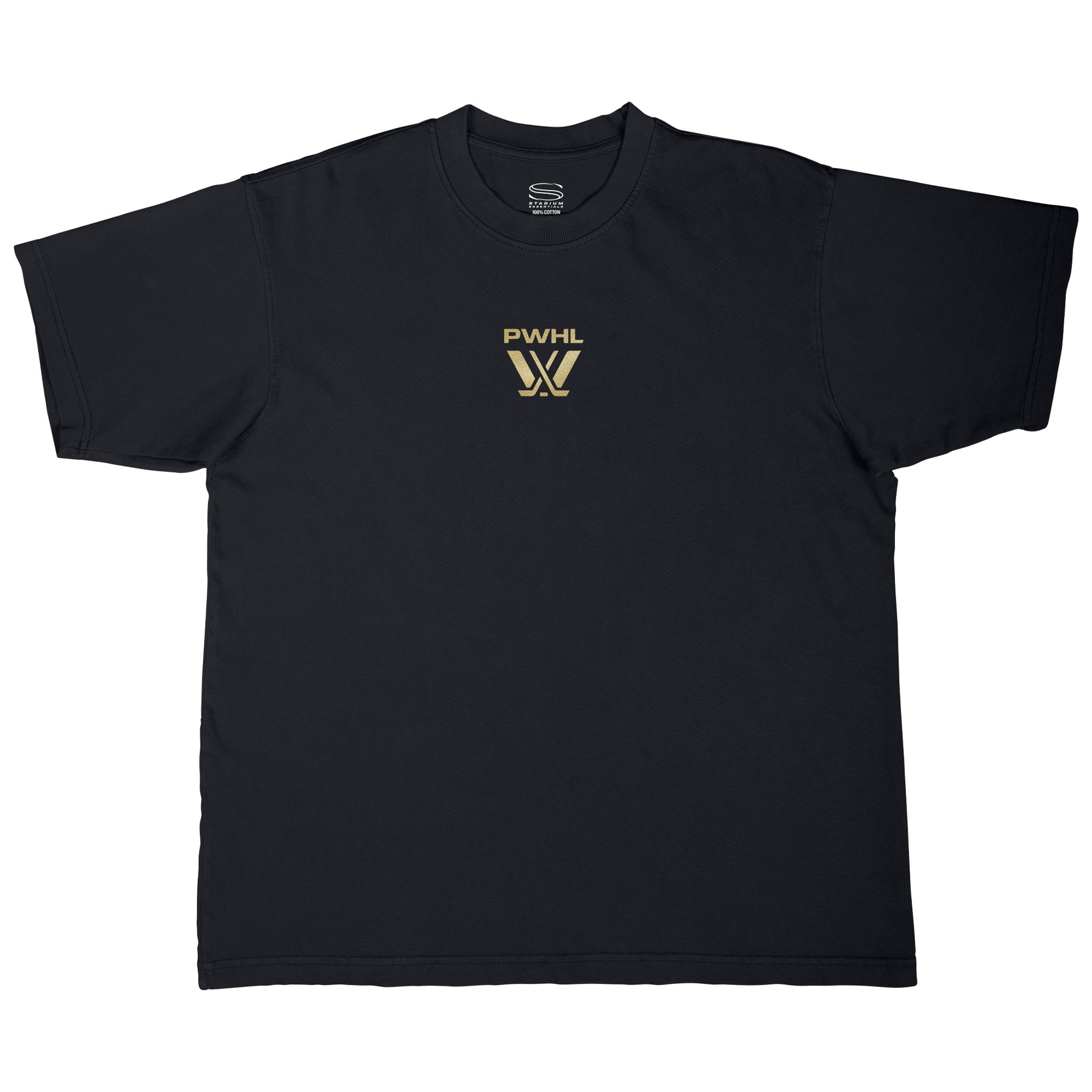 Black t-shirt with a logo on the chest against a white background