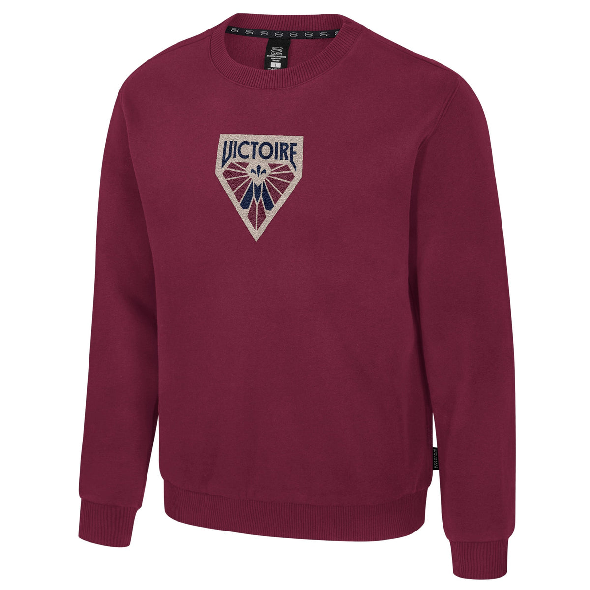 The front of a burgundy crew neck sweatshirt with ribbed collar, cuffs and bottom band. The Montreal Victoire logo is embroidered in the center of the chest.