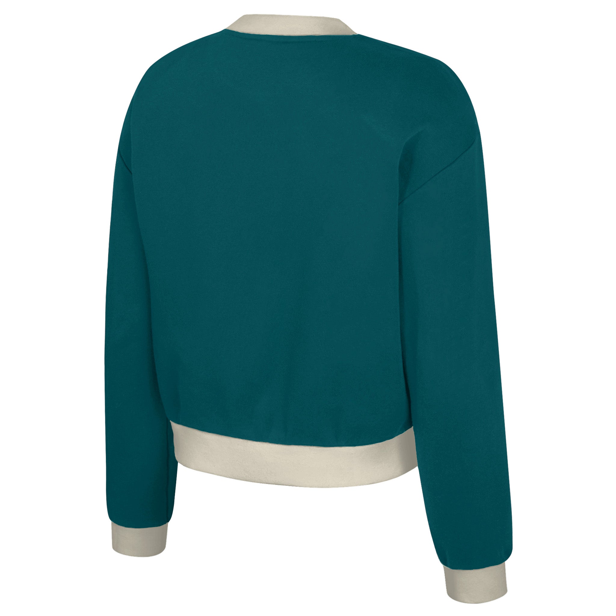 Teal sweatshirt with beige trim on a white background