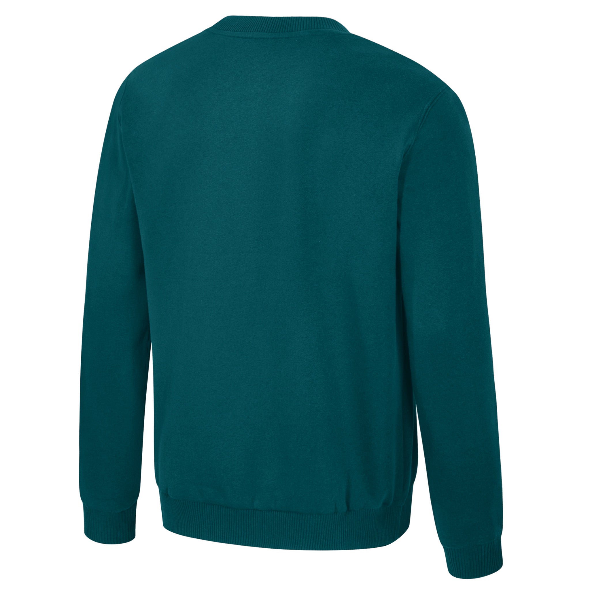 back of a teal sweatshirt on a white background