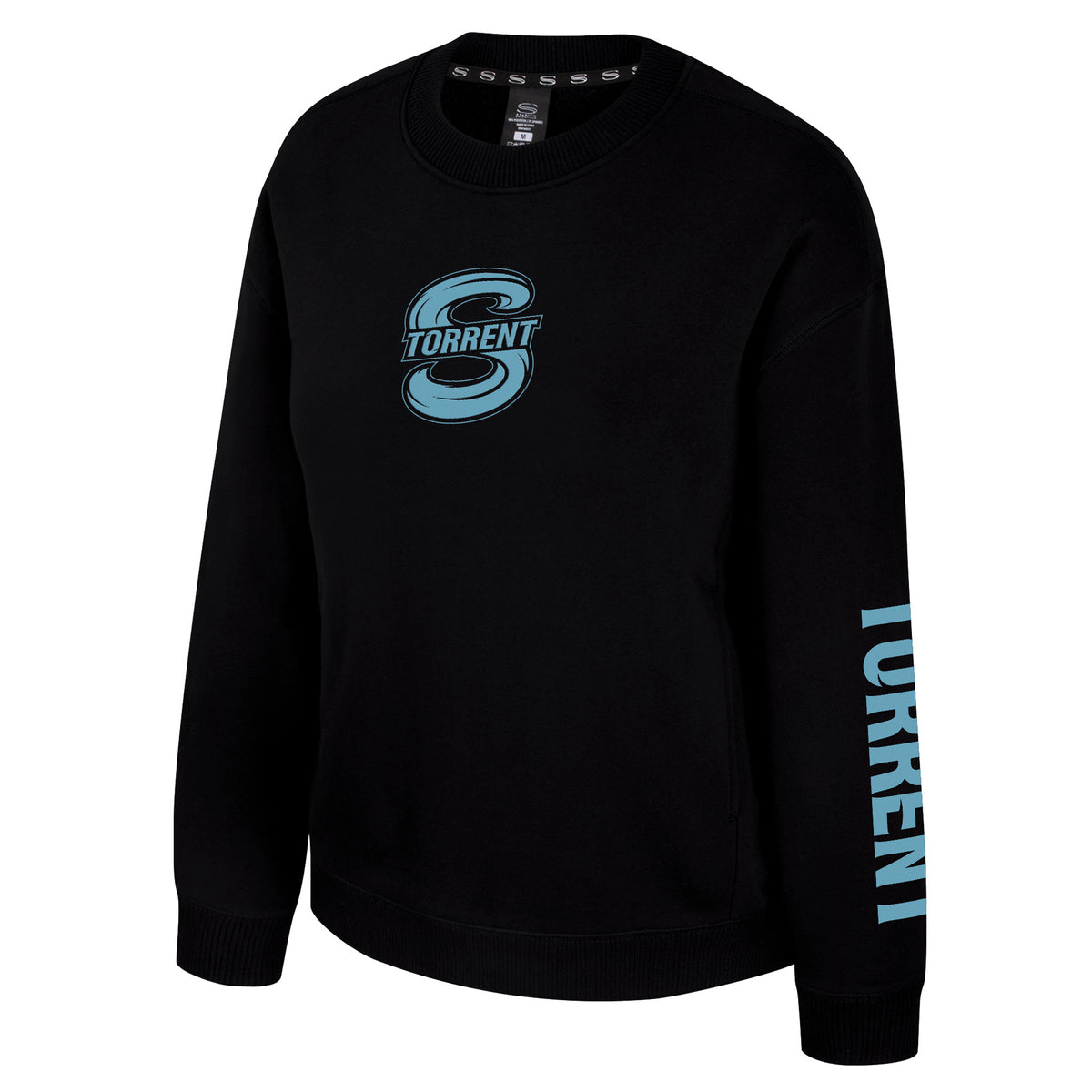The front of a black crew neck sweatshirt with ribbed collar, cuffs and bottom band. A light blue mono-color Seattle Torrent logo is in the center of the chest with 'TORRENT' along the left sleeve.