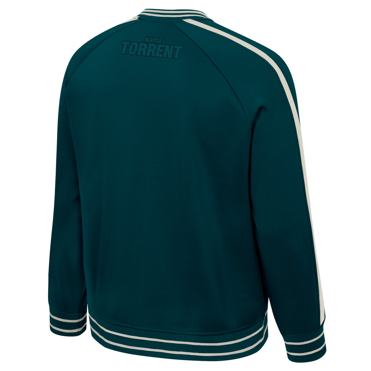 The back of a dark teal full zip jacket featuring two cream stripes along the blue cuffs on the collar, sleeves, and bottom. Two cream stripes also run vertically up the arms and shoulders reaching from the collar to the cuff. On the back beneath the collar reads 'SEATTLE TORRENT' in outlined black letters.