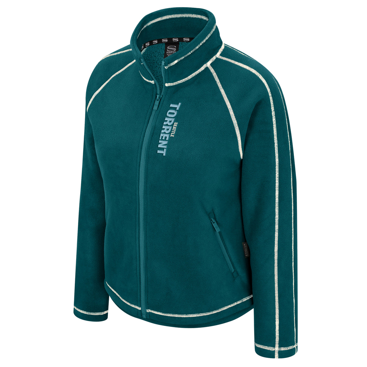 The front of a dark teal full-zip fleece jacket with white stitched seams along the arms, shoulders, and collar. Running along the zipper in the right chest is 'SEATTLE' in white with 'TORRENT' below it in blue.