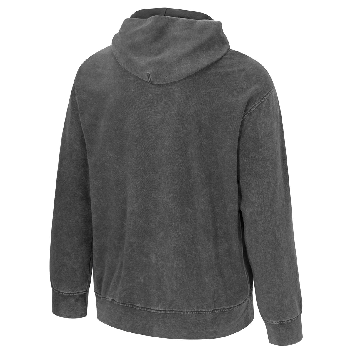 The back of a dark gray wash Seattle Torrent hooded sweatshirt.