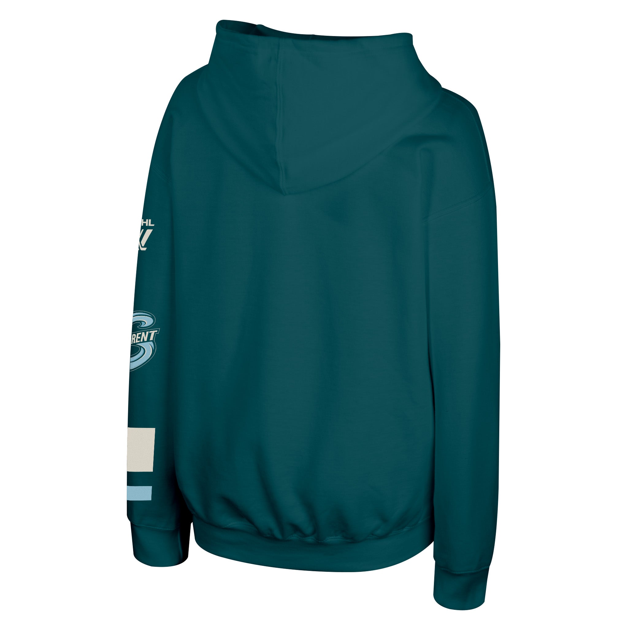 A dark teal green hooded sweatshirt shown from the back, featuring white and light blue graphics on the left sleeve, set against a plain white background.