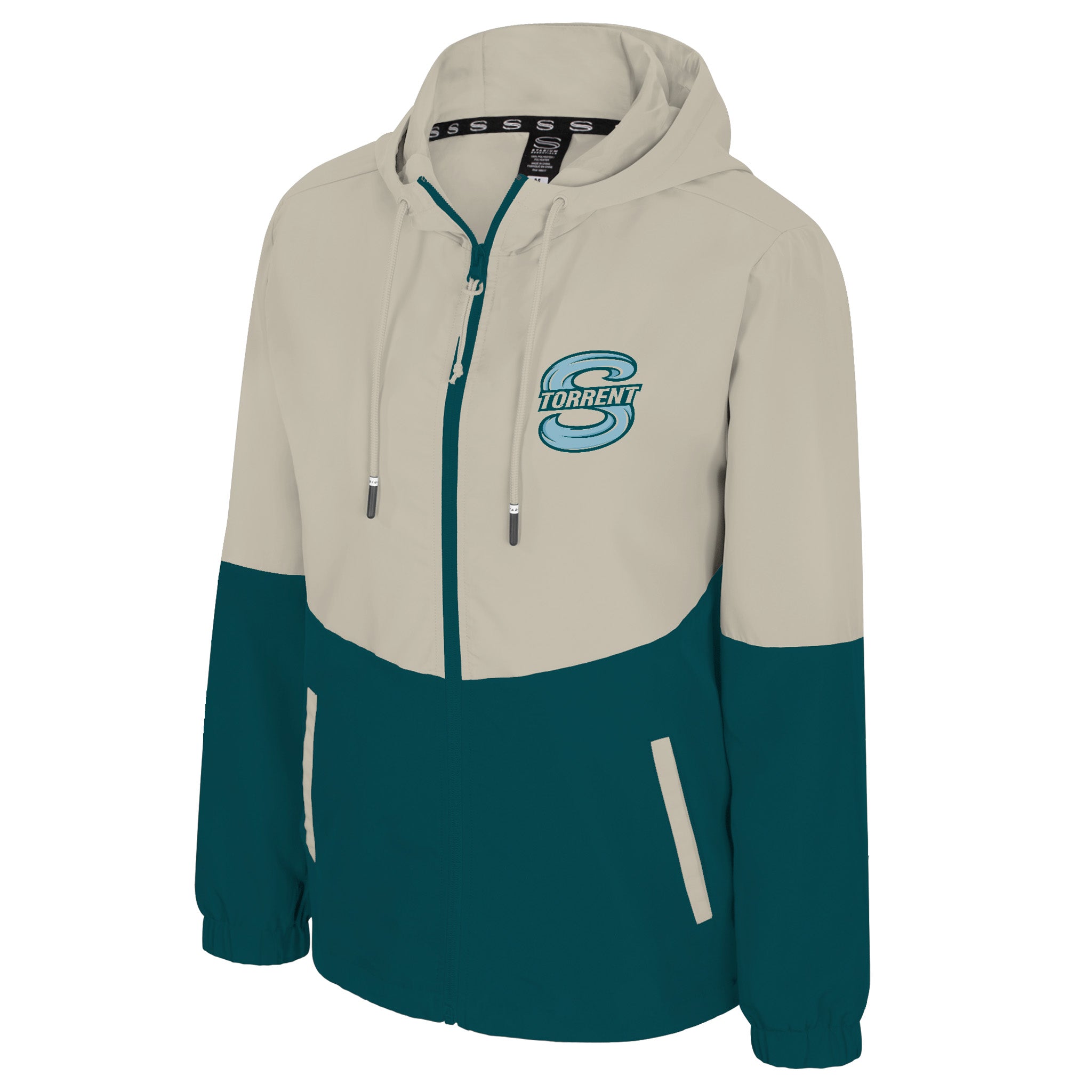 Two-tone hoodie with a logo on a white background