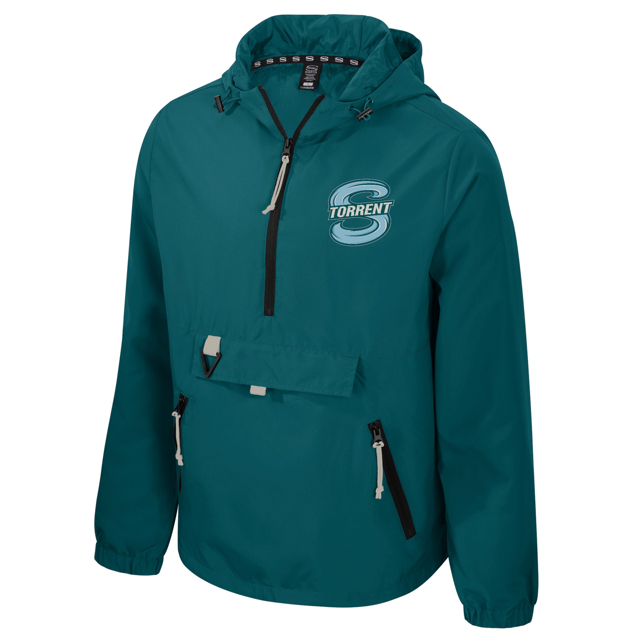 Teal jacket with a brand logo on a white background
