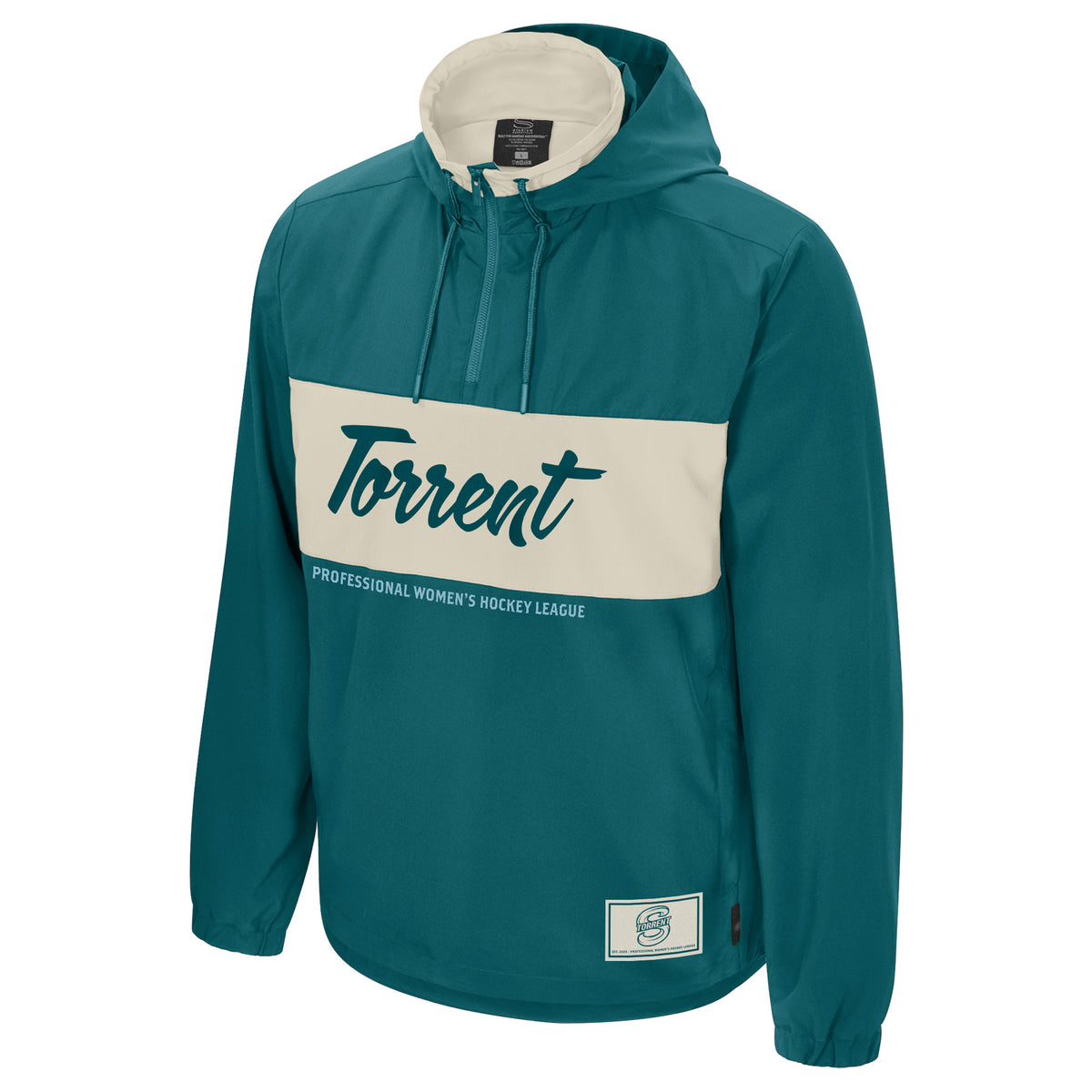 The front of a hooded dark teal quarter zip, complimented by a cream inner collar and large stripe across the chest containing 'Torrent' in blue cursive lettering. The words 'PROFESSIONAL WOMEN'S HOCKEY LEAGUE' in light blue are printed in one line below the cream stripe. In the bottom left corner is a cream rectangle with a blue mono-color Seattle Torrent logo inside it.