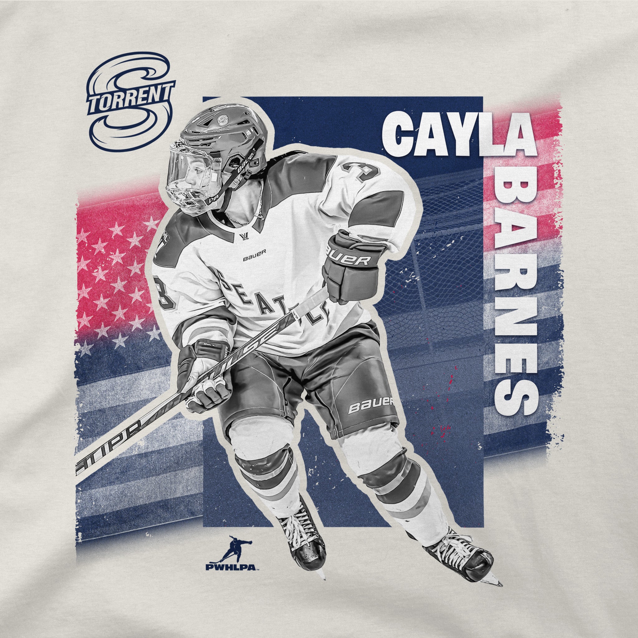 Hockey player graphic on a t-shirt with 'Torrent' and logos.