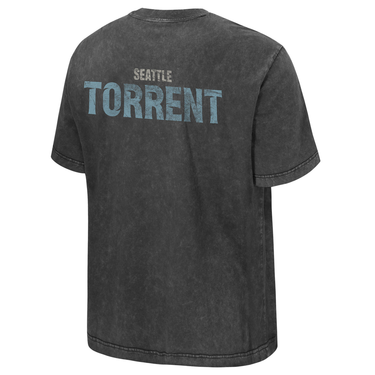 The back of a dark gray wash short sleeve shirt that has 'SEATTLE' in white with 'TORRENT' in blue below it.