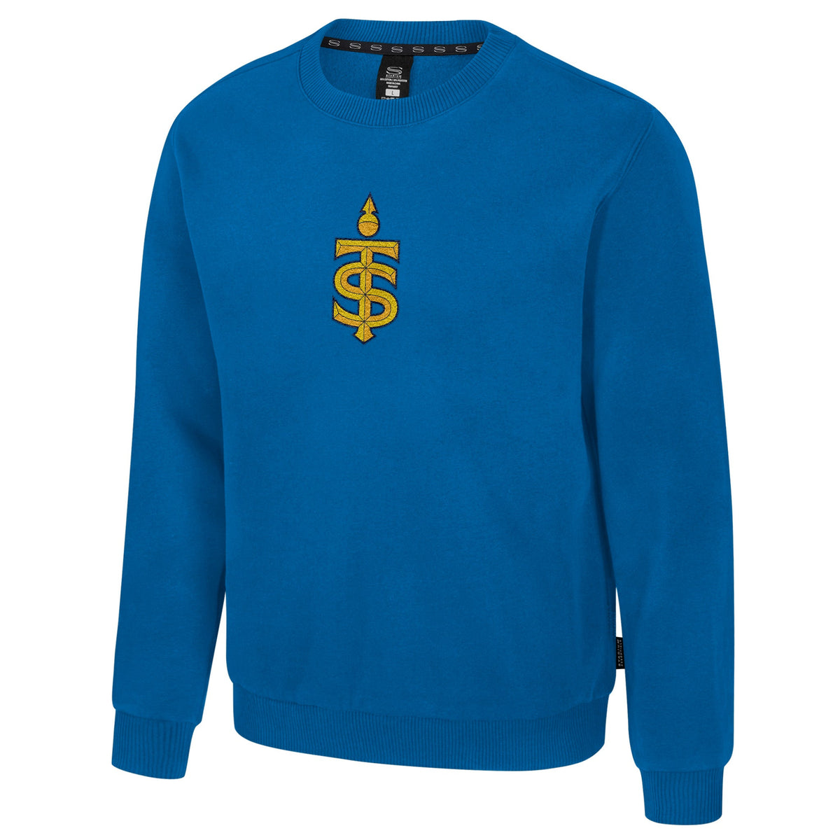 The front of a blue crew neck sweatshirt with ribbed collar, cuffs and bottom band. The Toronto Sceptres logo is embroidered in the center of the chest.