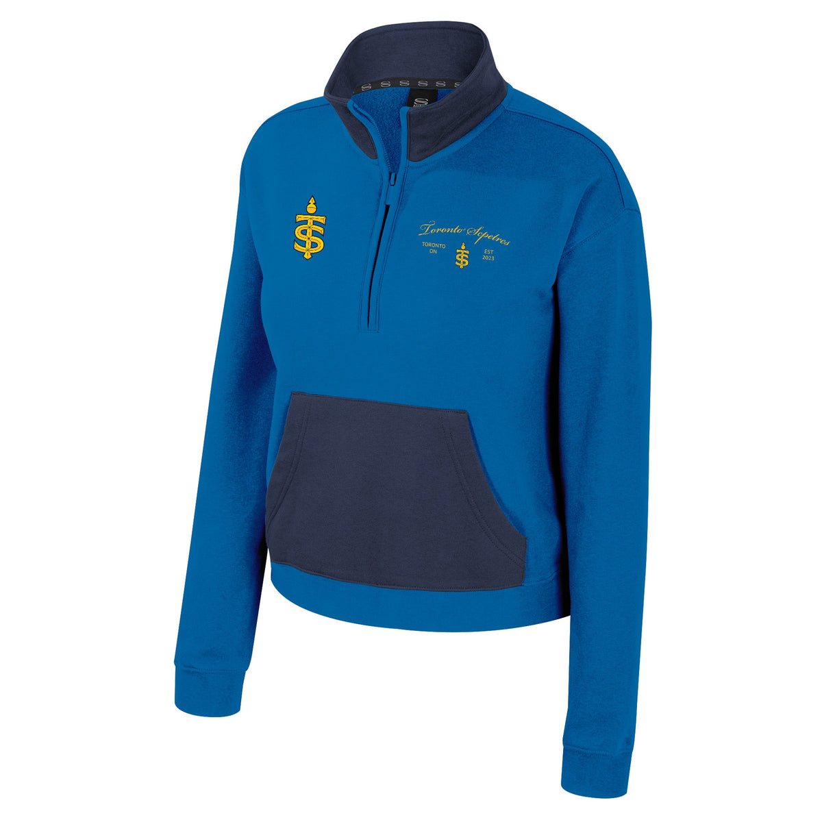 The front of a royal blue fleece half zip with navy-blue color blocking on collar and front pocket. The right chest has an embroidered Toronto Sceptres logo. The left chest has ‘Toronto Sceptres’ embroidered in yellow cursive above a small, embroidered Toronto Sceptres Logo with ‘TORONTO, ON’ and ‘EST 2023’ on each side of it.