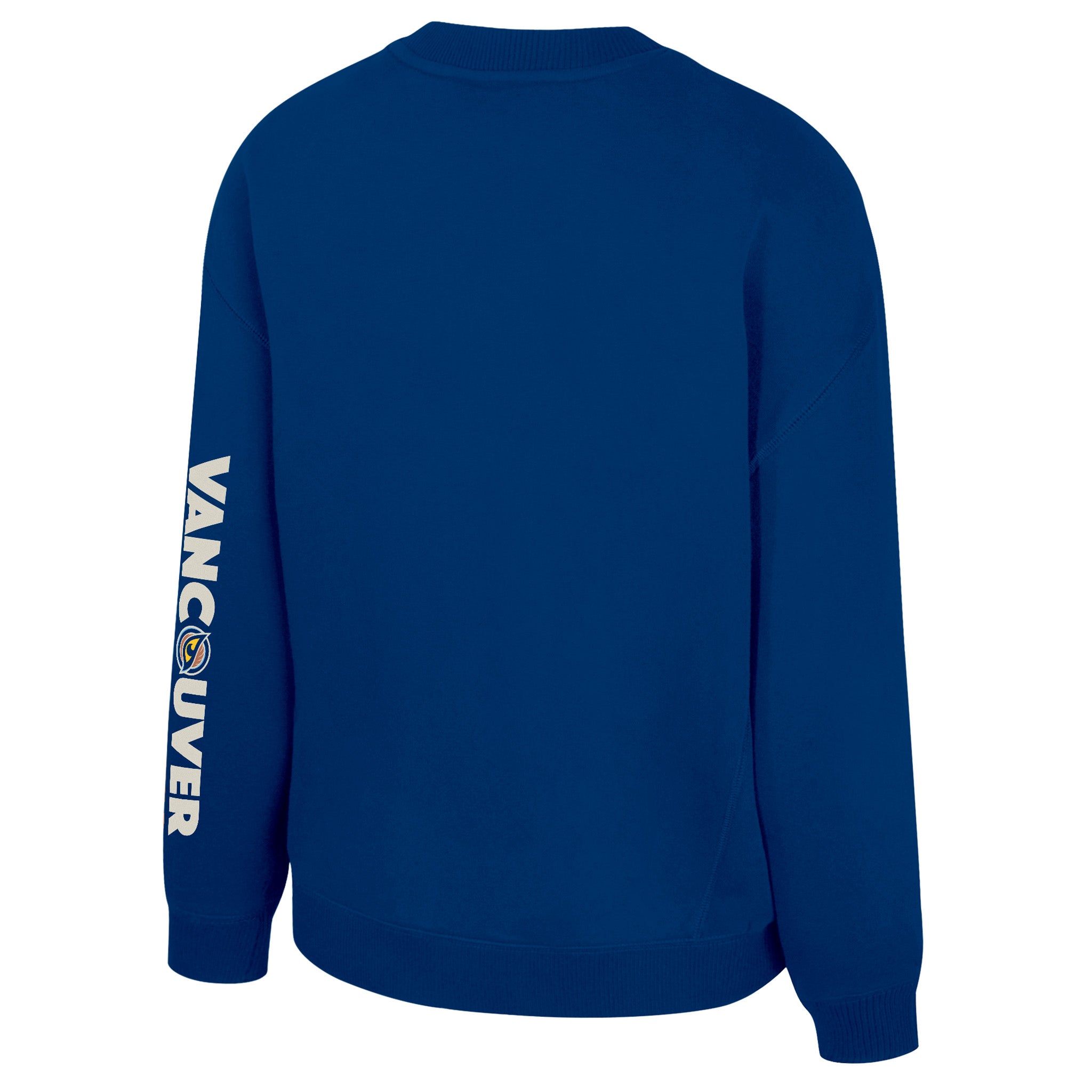 Blue sweatshirt with 'Vancouver' printed on sleeve against a white background