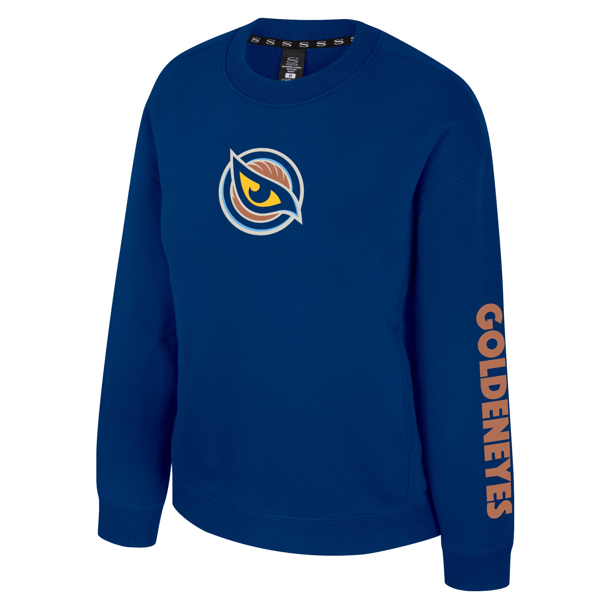 Blue sweatshirt with a logo and 'Goldeneyes' text on a white background