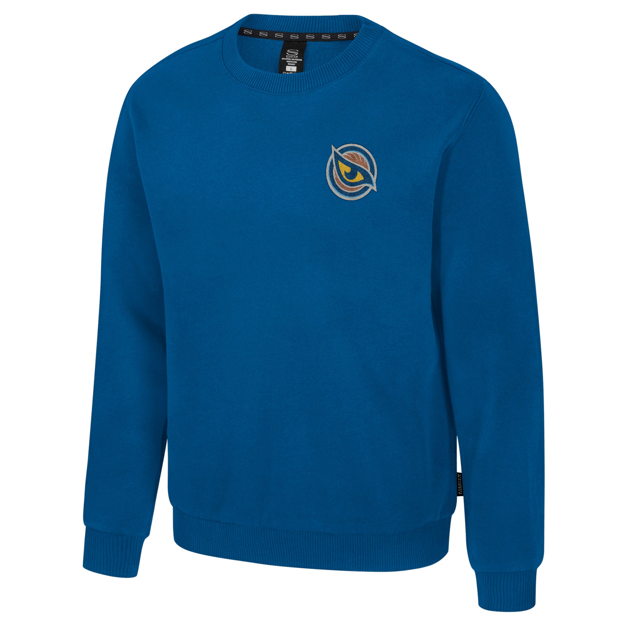 Blue sweatshirt with a logo on a white background