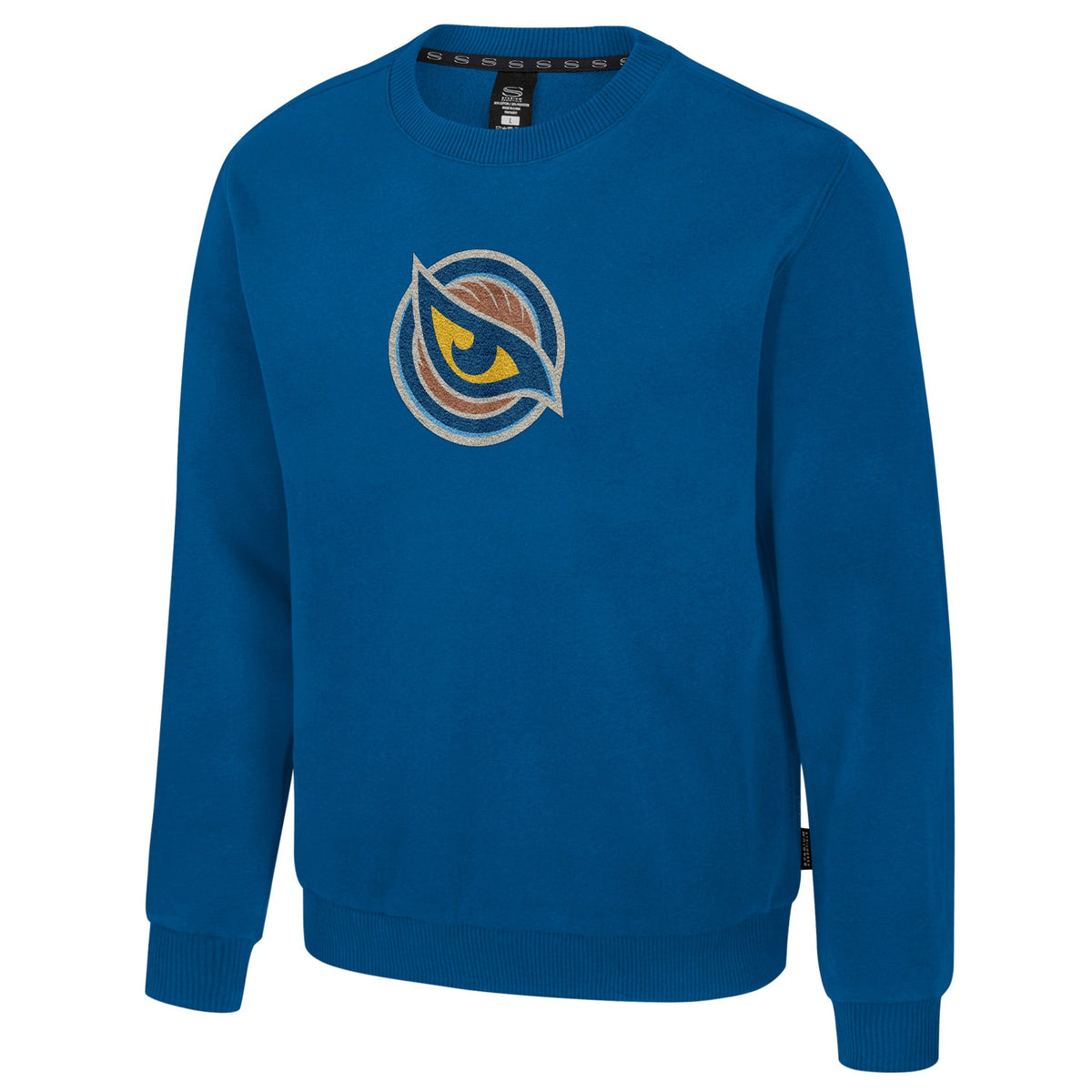The front of a blue crew neck sweatshirt with ribbed collar, cuffs and bottom band. The Vancouver Goldeneyes logo is embroidered in the center of the chest.