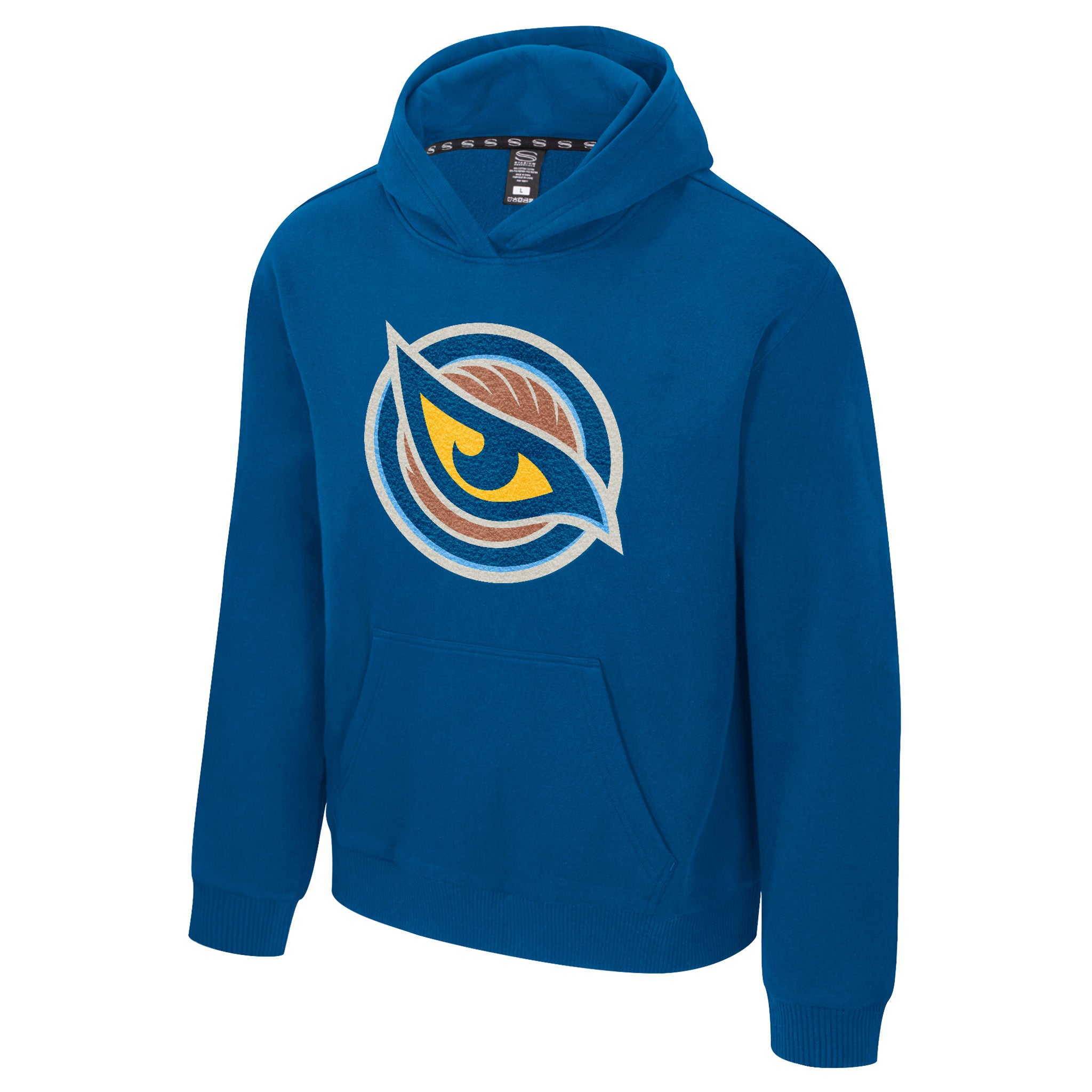 Blue hoodie with a logo on a white background