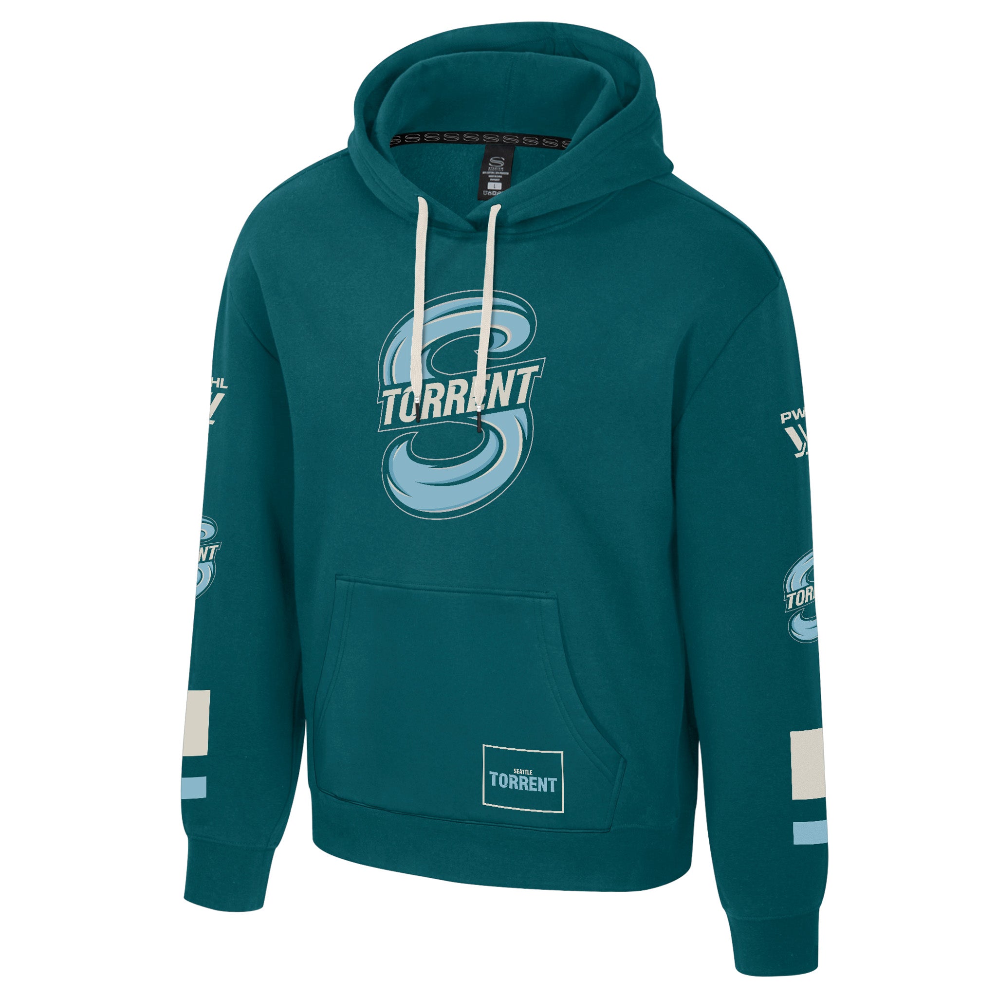 Teal hoodie with 'Torrent' logo on a white background