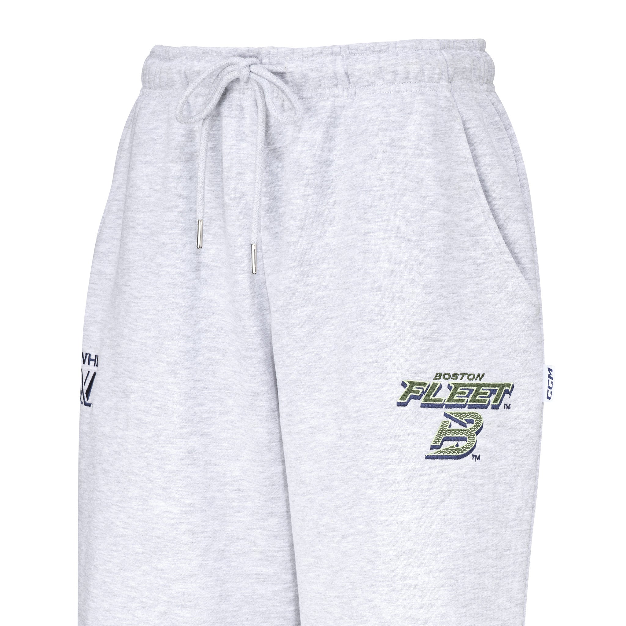 Gray sweatpants with logos on a white background