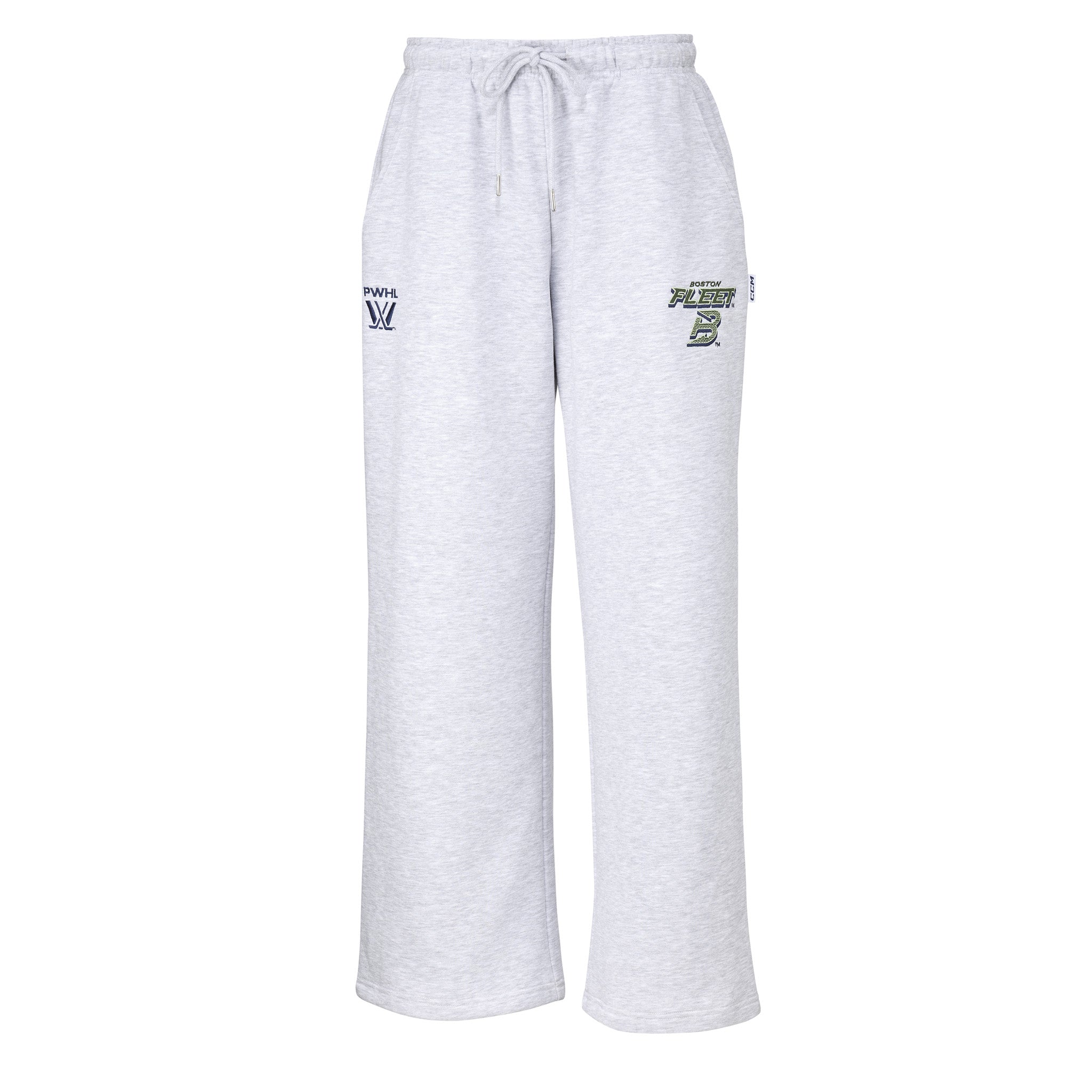 Gray lounge pants with brand logos on a white background