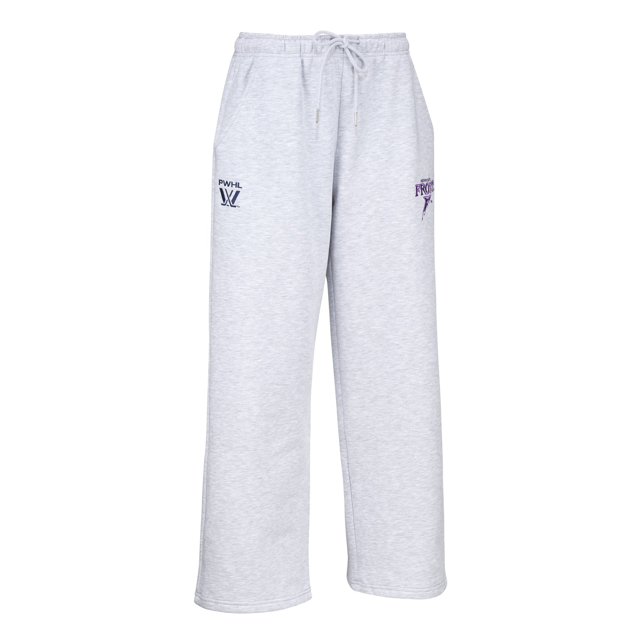 Gray sweatpants with a logo on a white background