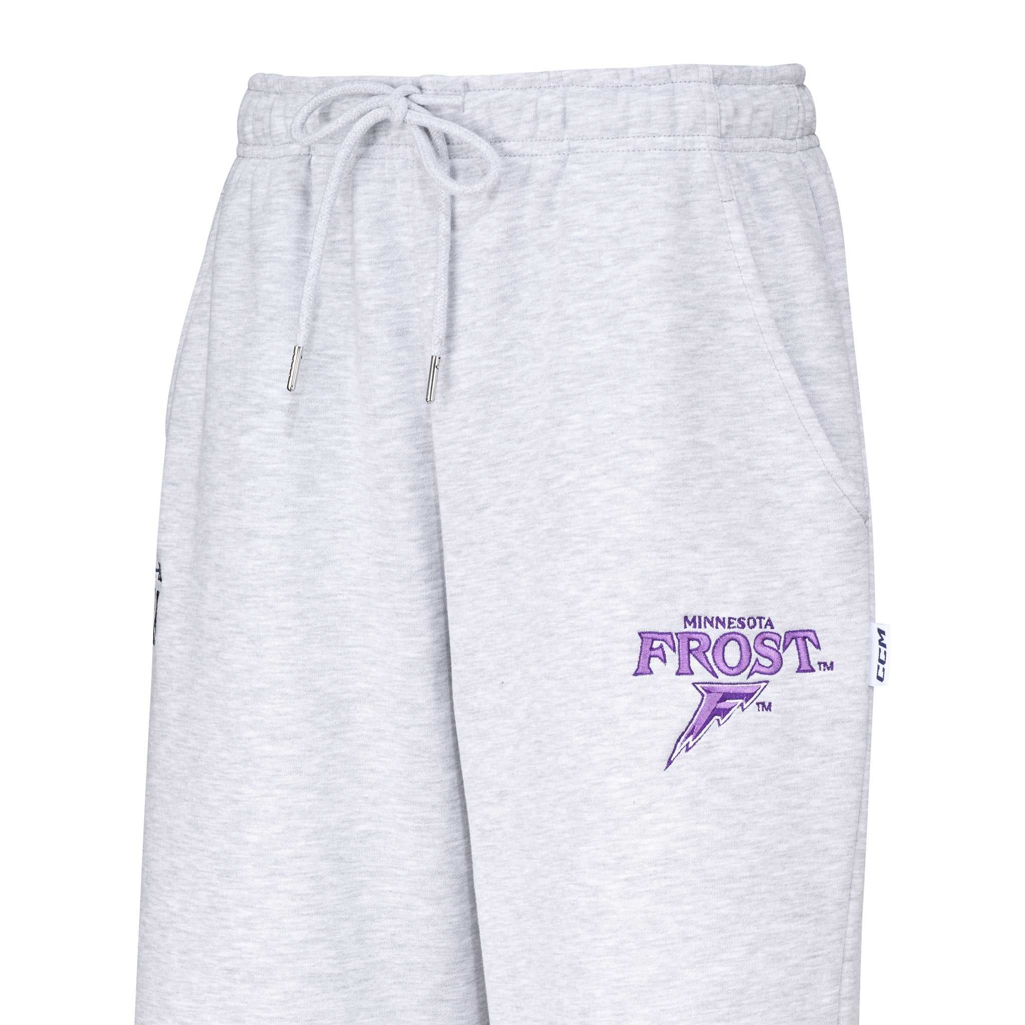 Gray sweatpants with a purple logo on a white background
