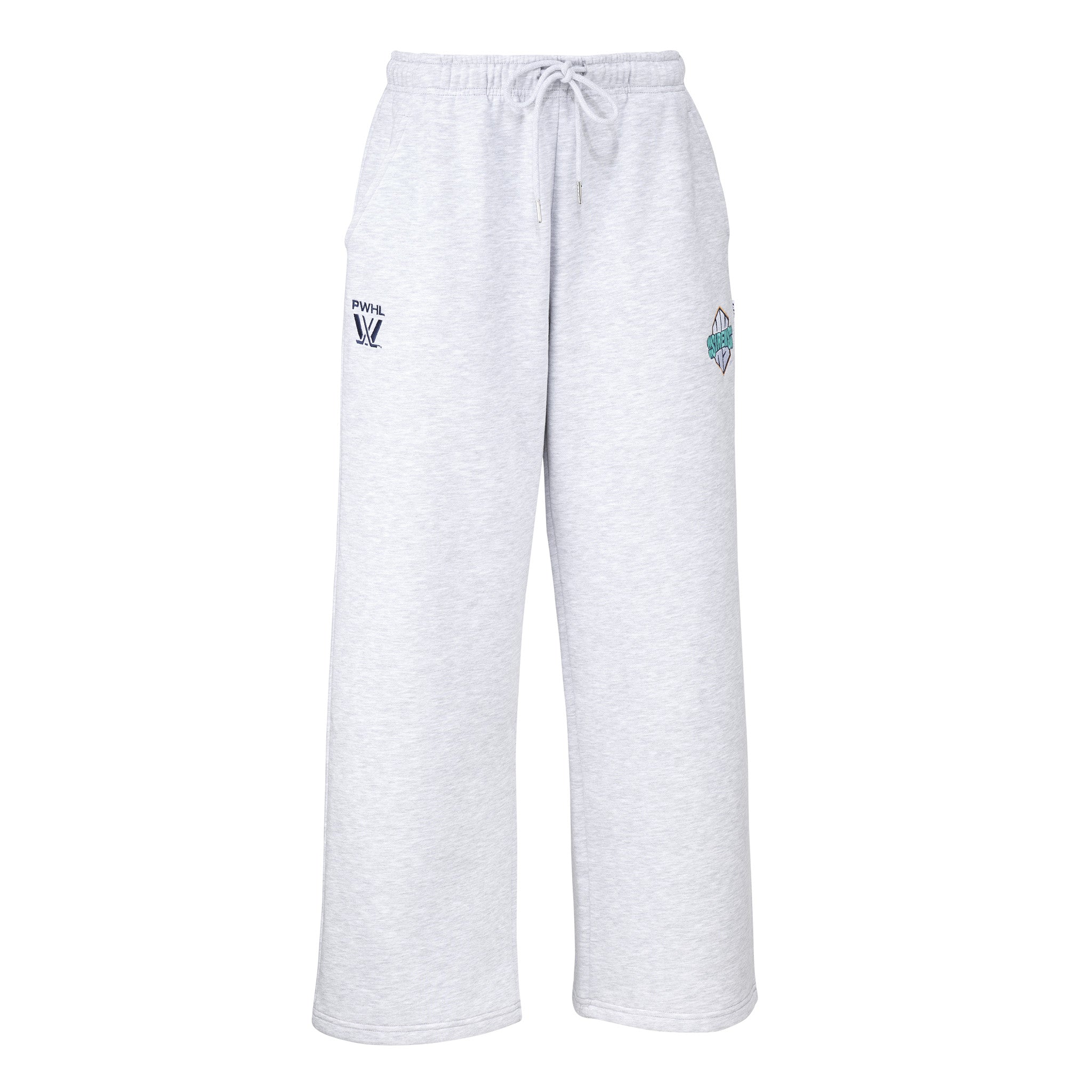 Gray sweatpants with logos on a white background