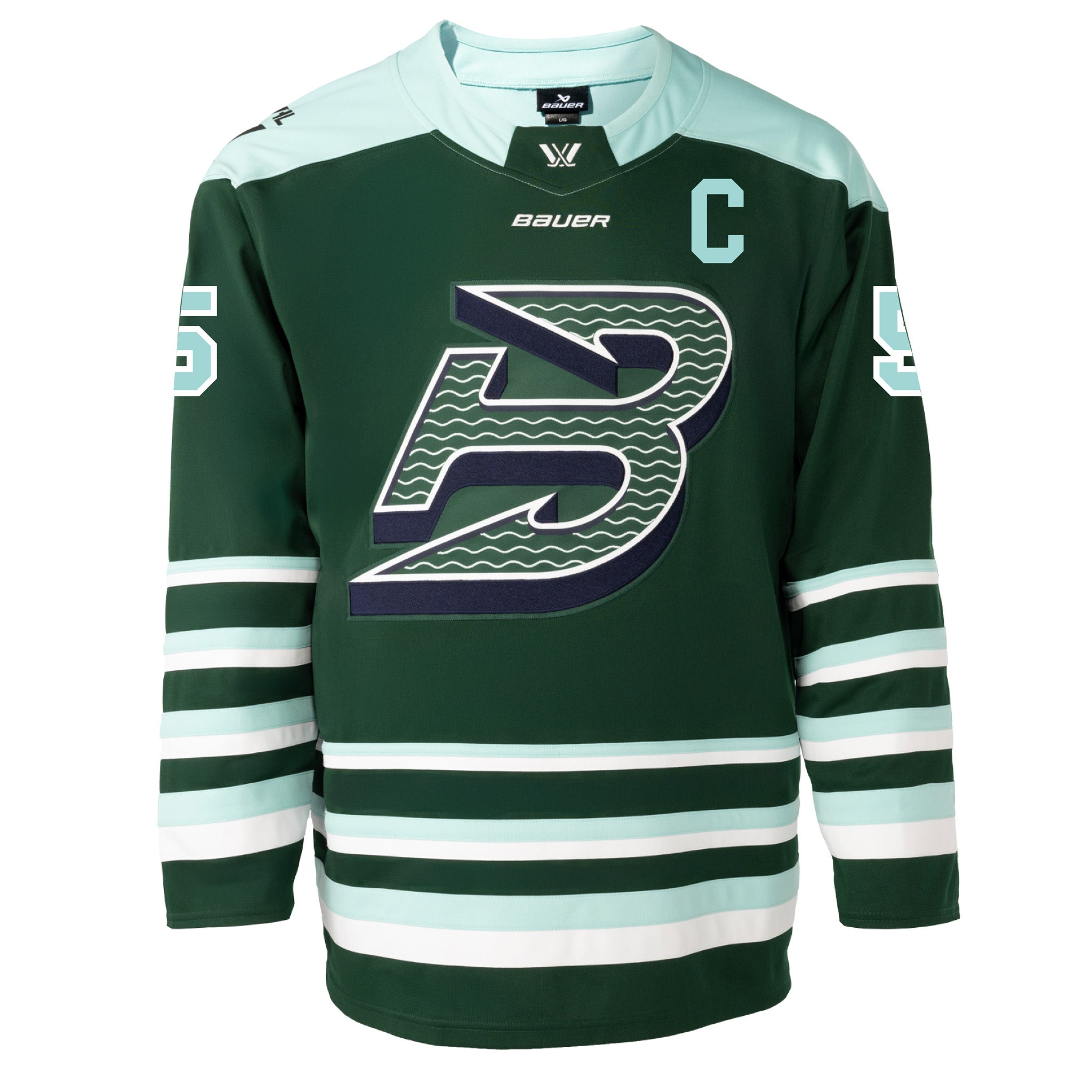 Green hockey jersey with a large 'B' logo on a white background