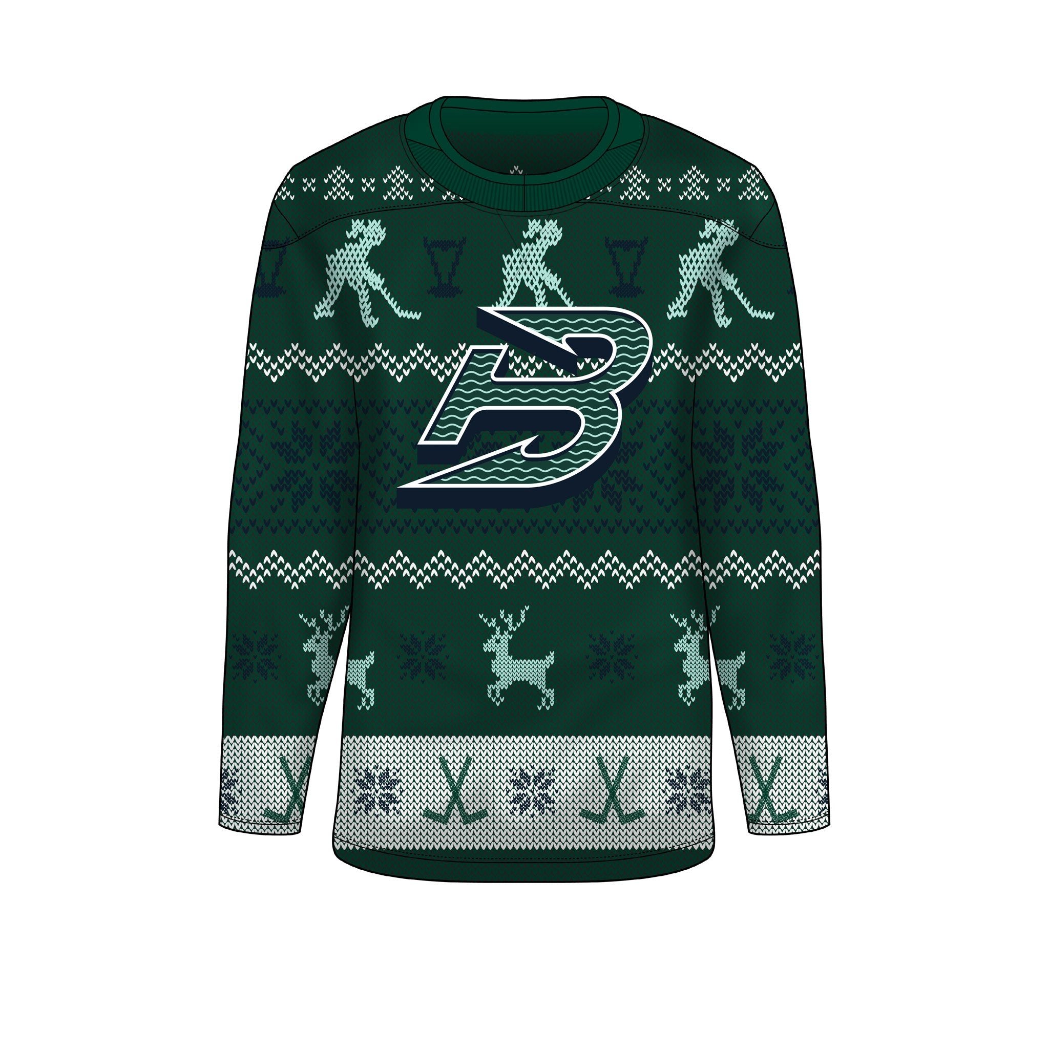 Green sweater with festive patterns and a logo on a white background
