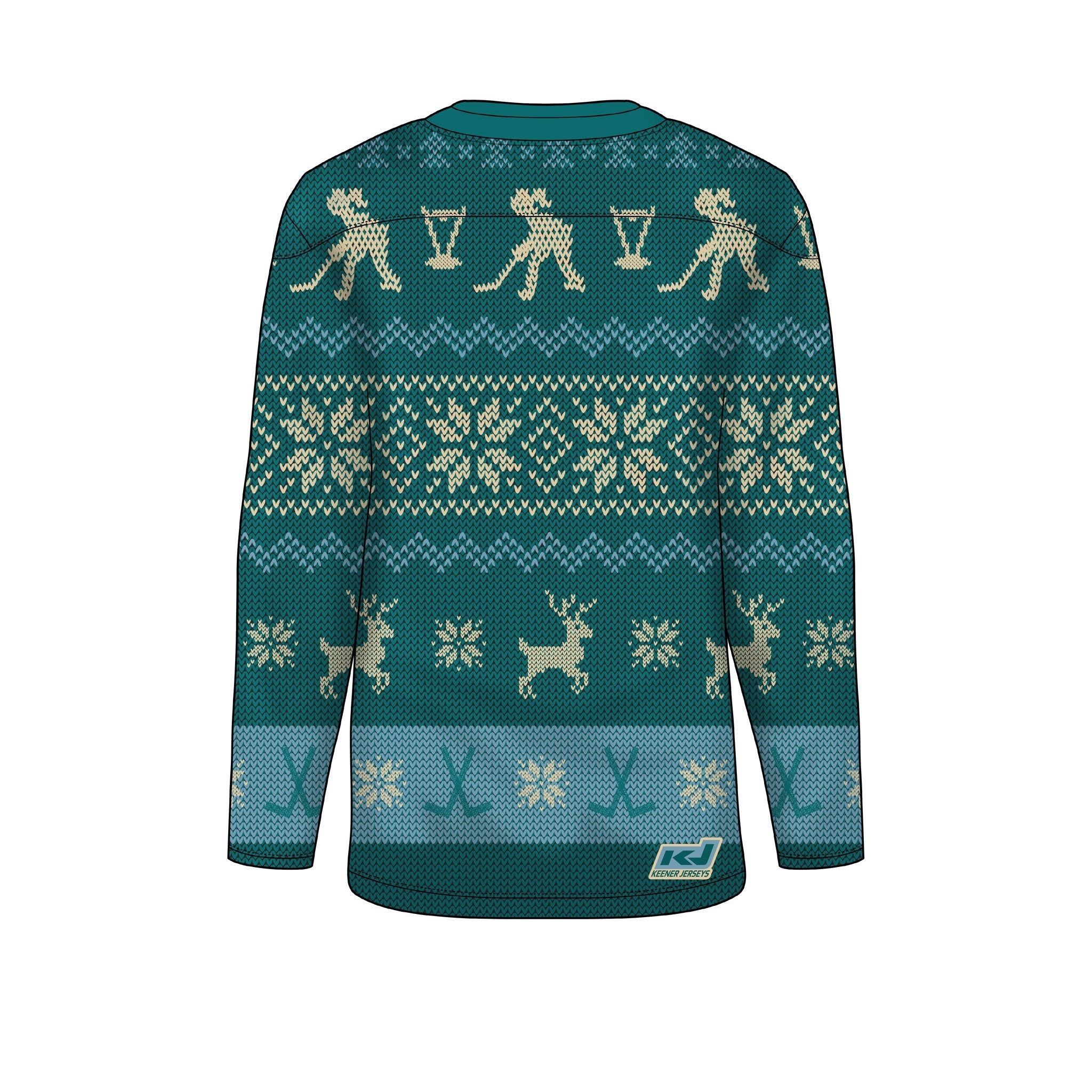 Teal sweater with festive pattern on a white background