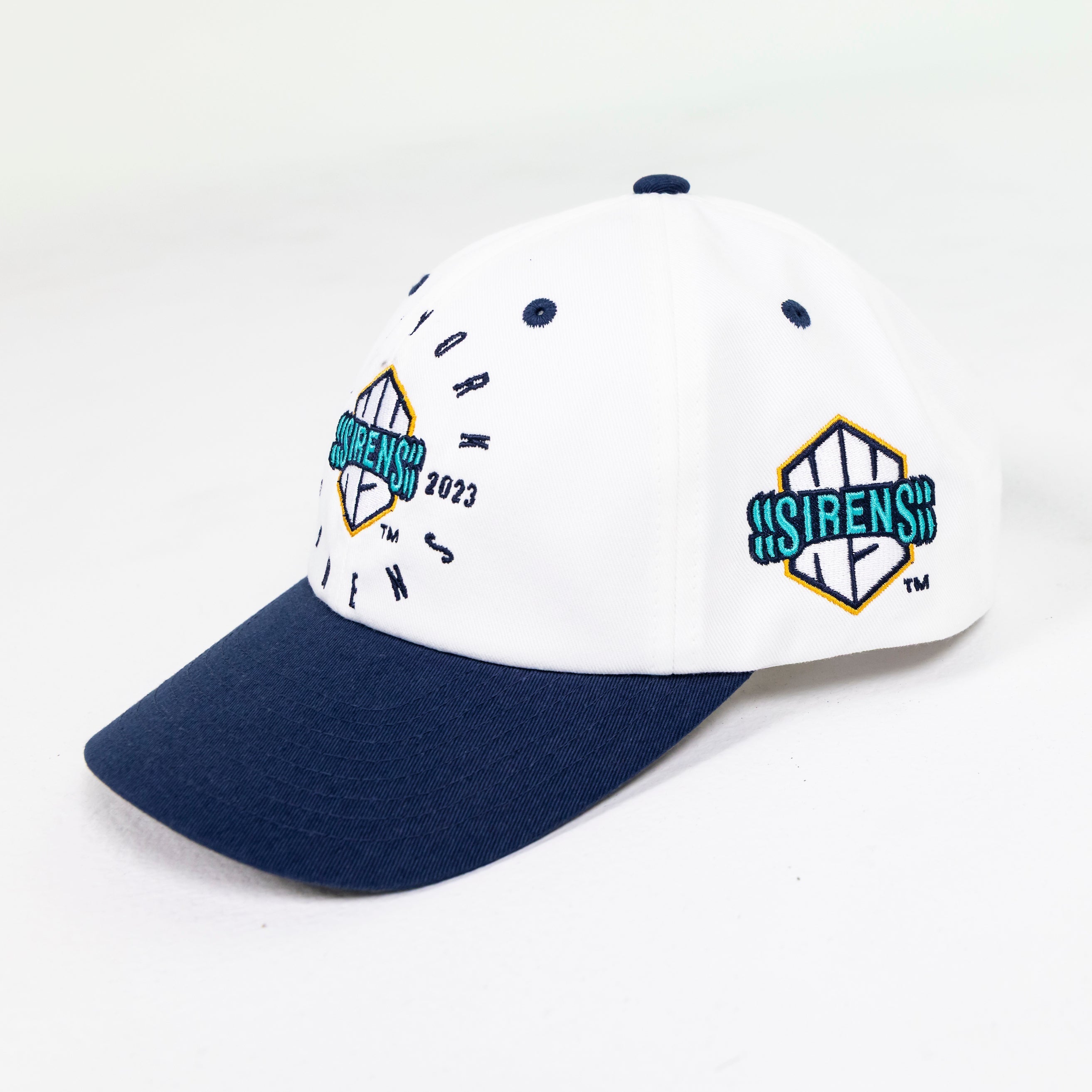 Navy and white cap with 'Sirens' branding on a white background