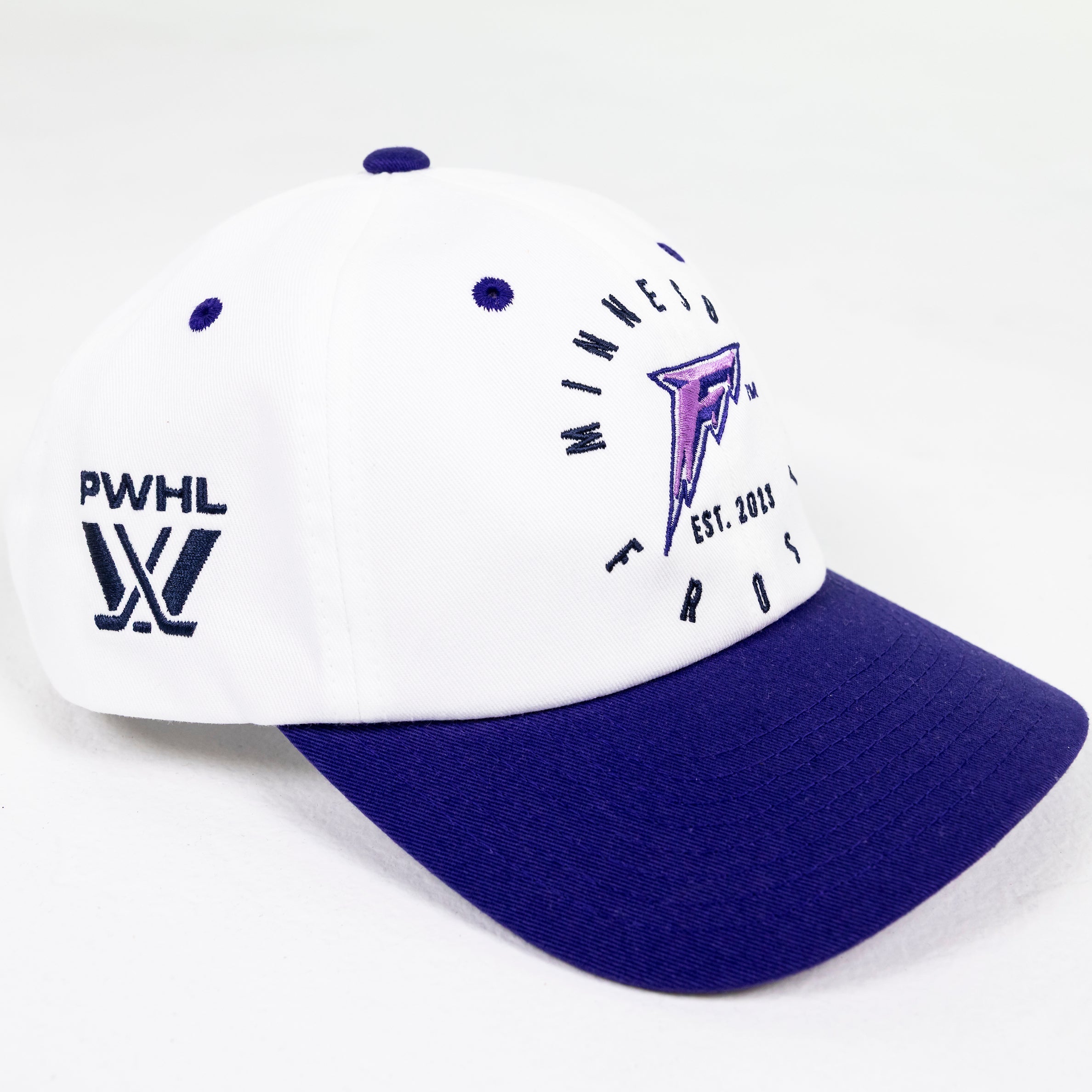 White and blue visor cap with branding on a white background