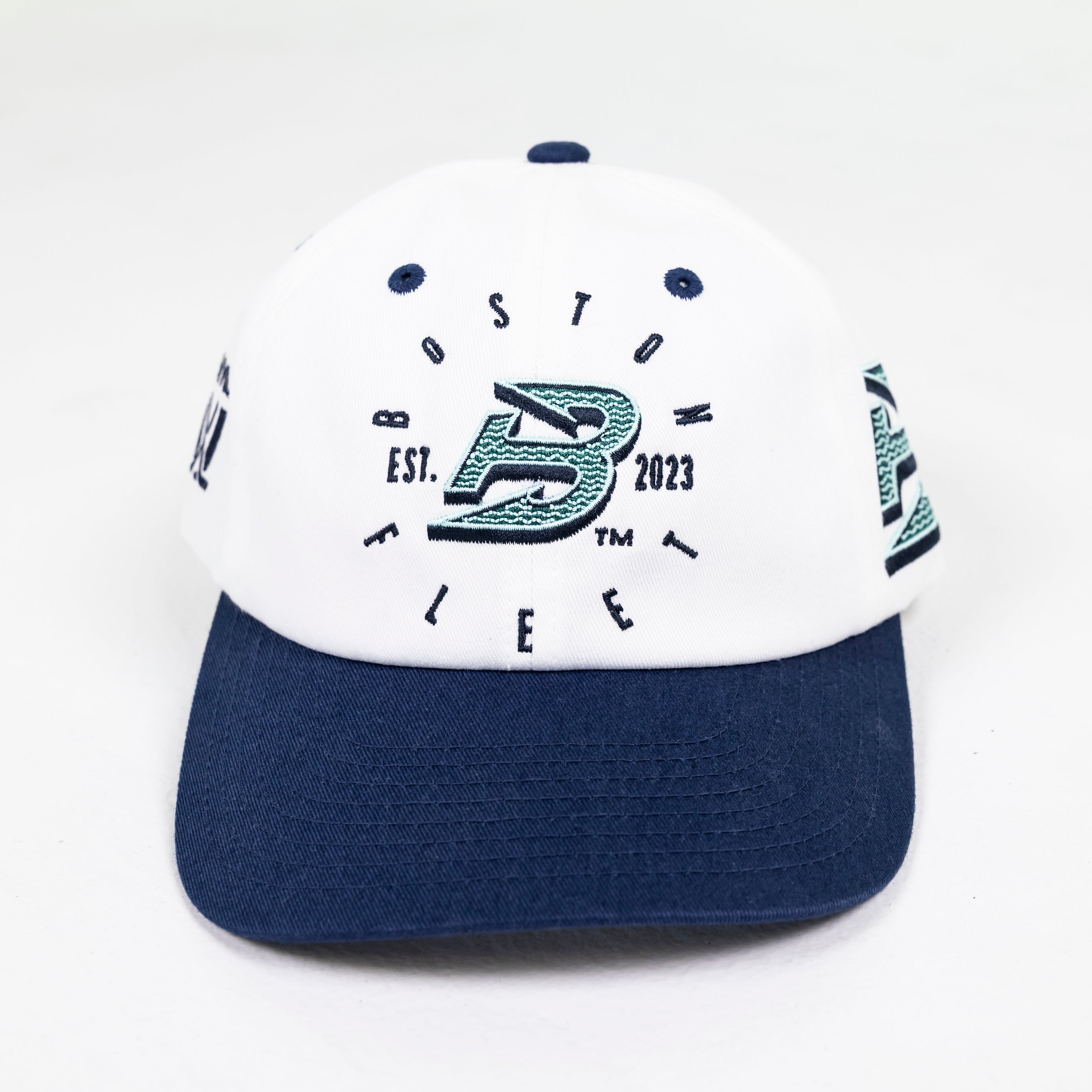 White and blue cap with 'Boston Fleet' branding on a white background