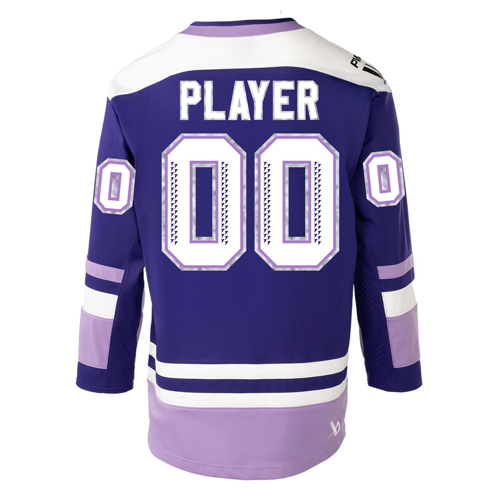 Purple hockey jersey with customizable player name and number on a white background