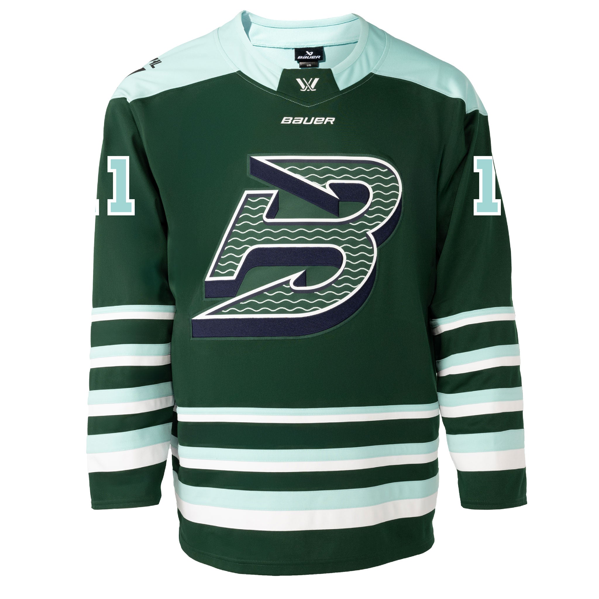 Green hockey jersey with a large 'B' logo on a white background
