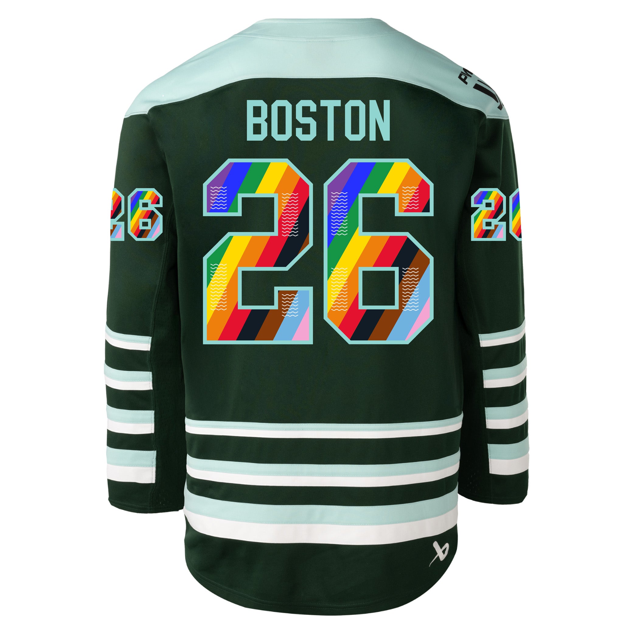 Green hockey jersey with rainbow number 26 and 'Boston' text on a white background