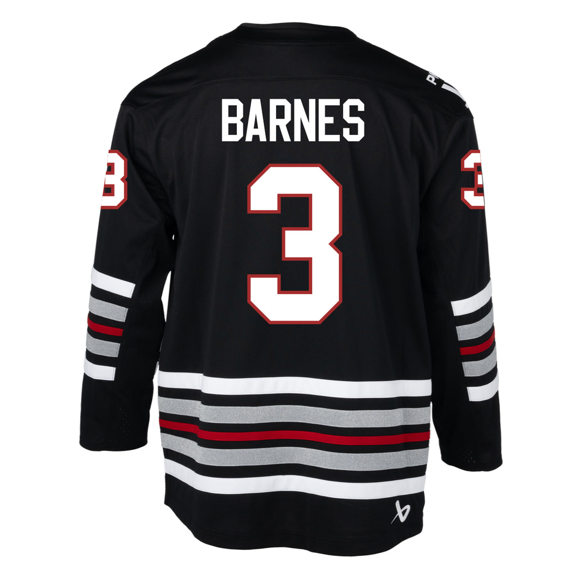 Back of a black jersey with red, white, and shimmering silver stripes on the sleeves and bottom hem. 'BARNES' is in white across the shoulder blades. '3' is in white with red outlining in the back and on each sleeve. A white PWHL logo is on the right shoulder and a white Bauer logo is above the bottom right hem.