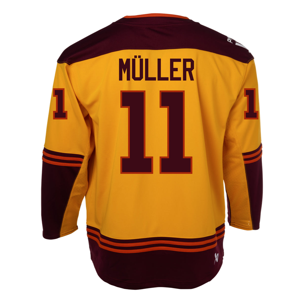 Back of a gold jersey with maroon shoulder caps. Maroon color blocking on the sleeves and bottom hem with orange stipes on top. 'MULLER' is in maroon across the shoulder blades. '11' in maroon with orange outlining is on the back and each sleeve. A white PWHL logo is on the right shoulder and a white Bauer logo is above the bottom right hem.