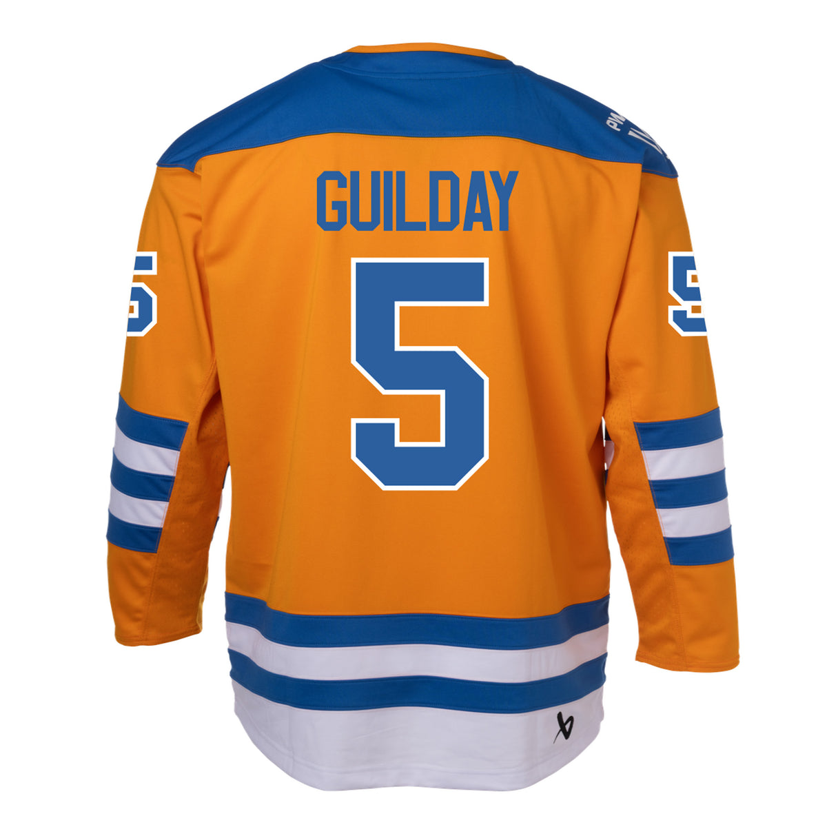 Back of an orange jersey with blue shoulder caps and blue and white stripes along the sleeves and bottom hem. 'GUILDAY' is in blue across the shoulder blades with '5' in blue outlined in white on the back and sleeves. A white PWHL logo is on the right shoulder and a black Bauer logo is above the bottom right hem.