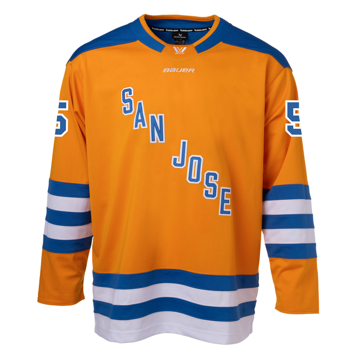 Front of an orange jersey with blue shoulder caps and blue and white stripes along the sleeves and bottom hem. In blue with white outlining is 'SAN JOSE' diagonally across the chest and '5' on each sleeve. The collar is blue with orange trim and color blocking on the front to showcase a white PWHL logo and a white Bauer logo below it.