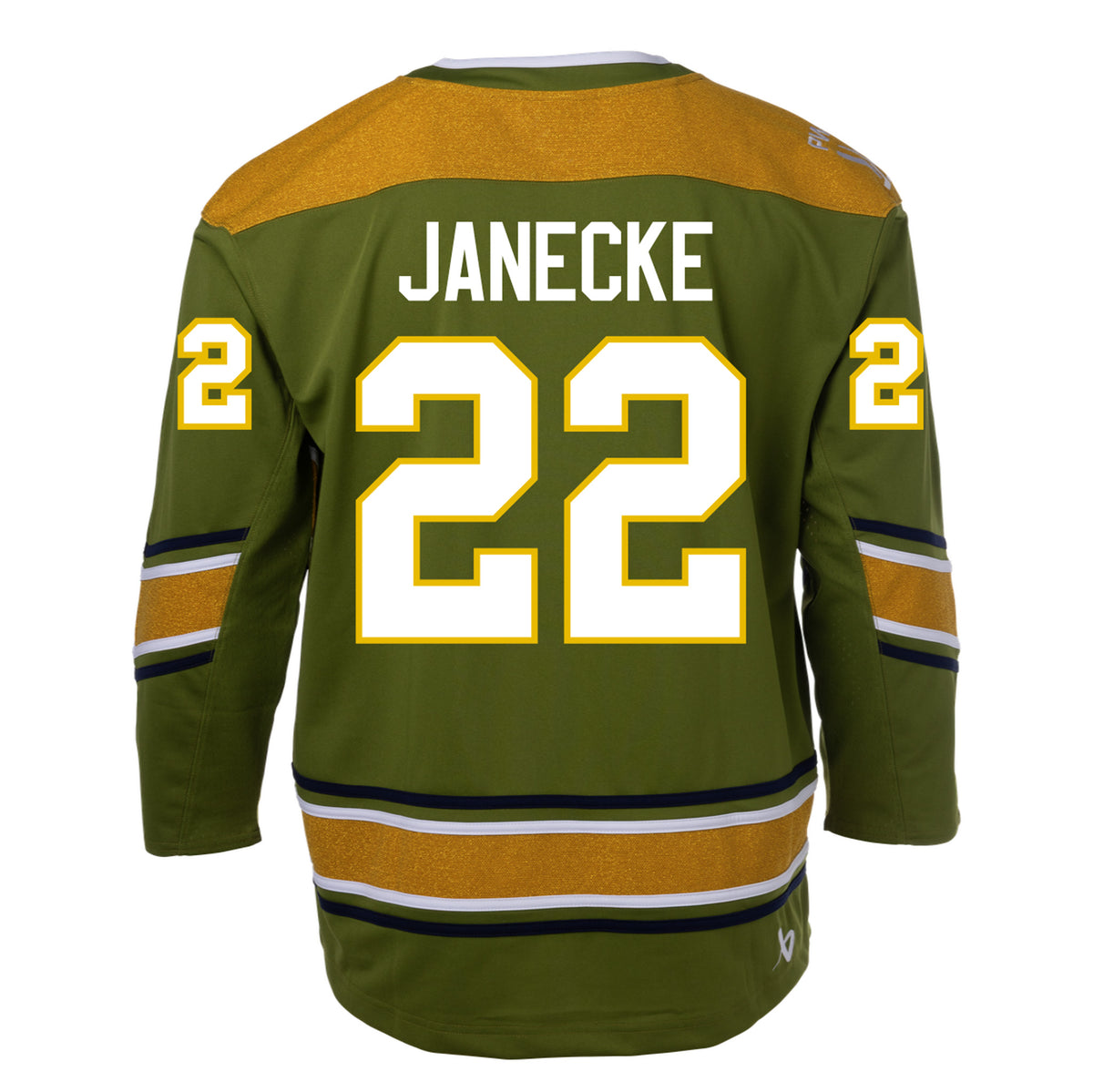 Back of a green jersey with sparkling gold shoulder caps and stripes along the sleeves and bottom hem surrounded by white and black stripes. 'JANECKE' is in white across the shoulder blades. Below it in white outlined in gold reads '22' on the back and on each sleeve. The collar is green with white trim on top. A white PWHL logo is on the right shoulder and a Bauer logo is above the bottom right hem.