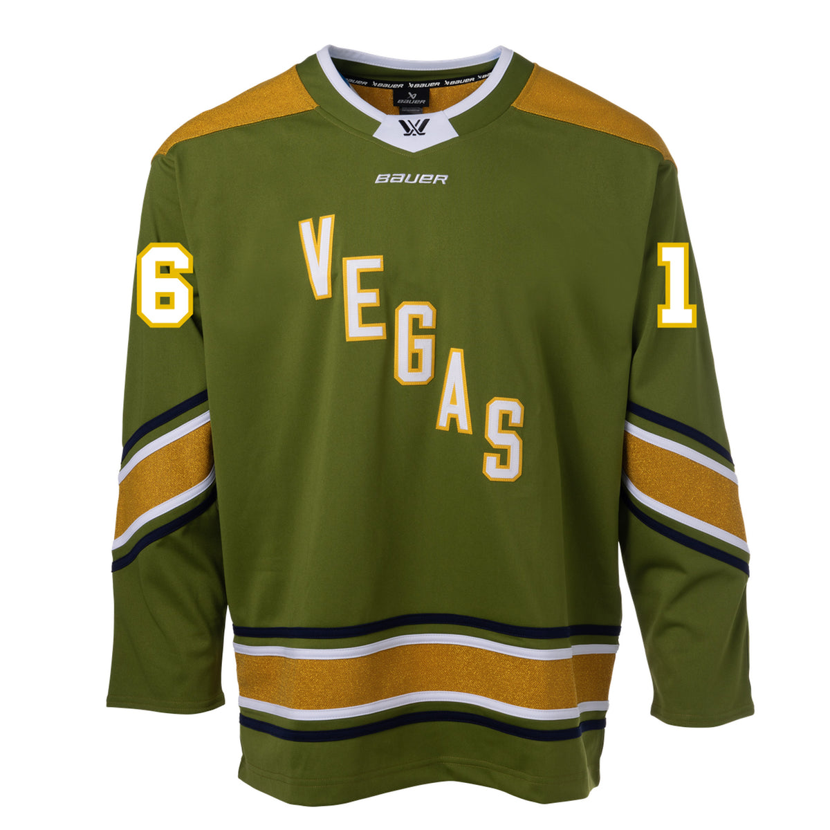 Front of a green jersey with sparkling gold shoulder caps and stripes along the sleeves and bottom hem surrounded by white and black stripes. In white outlined in gold reads 'VEGAS' diagonally across the chest and '16' on each sleeve. The collar is green with white trim on top. A black PWHL logo is centered on the collar with a white BAUER logo below it.